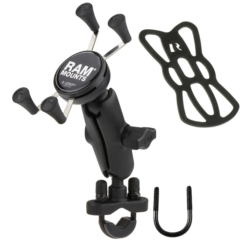 RAM Mount Handlebar Rail Mount w/Zinc Coated U-Bolt Base and Universal X-Grip&reg; Cell/iPhone Cradle