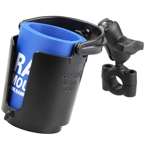 RAM Mount RAM&reg; Torque&trade; 3/4" - 1" Diameter Handlebar/Rail Base with 1" Ball, SHORT Arm and Level Cup&trade;