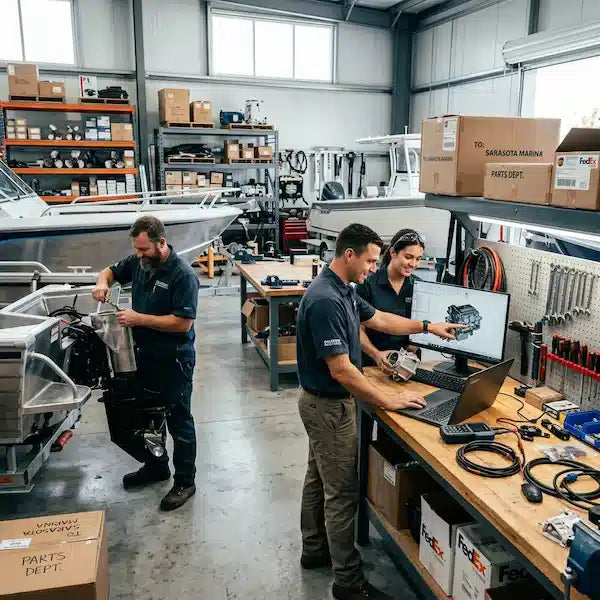 Three mechanics in a workshop setting, with one inspecting a boat engine while another points at a computer screen showing an engine diagram, and a third working nearby. Cardboard boxes, tools, and equipment are visible in the background.